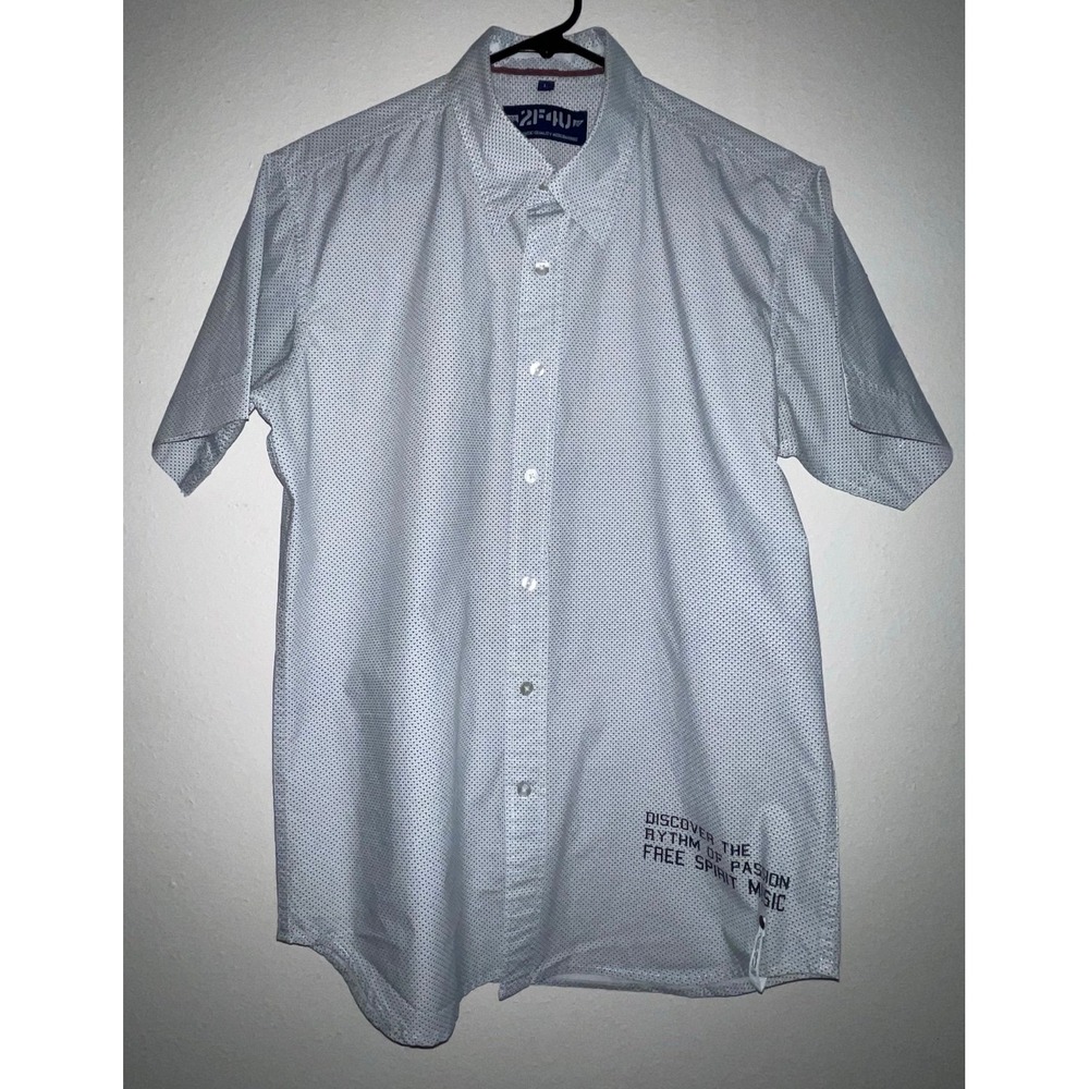 2F4U Button Down Short Sleeve Shirt‎ White Black Gray Pattern Large